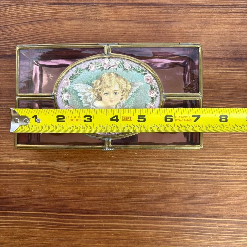 Enesco Amethyst Pink Stained Glass Jewelry Box Cherub Angel Roses Trinket Box